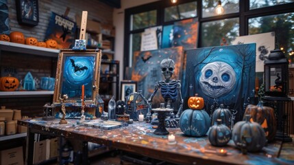 Obraz premium Art studio with spooky Halloween decorations, including painted pumpkins, skeleton, and eerie paintings on wooden table.