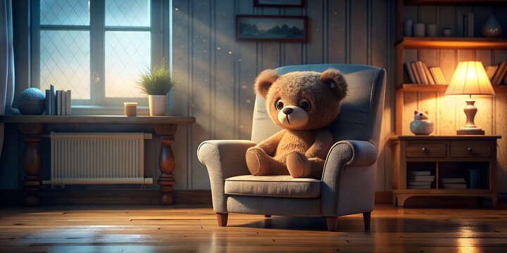 A lonely fluffy cute teddy bear is unfortunately sitting on the armchair in a cosy living room and missing his friend. Card, invitation, banner, flyer, background. 