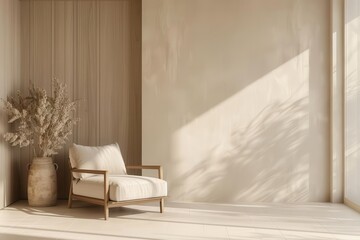 minimalist beige living room with wooden chair and wall panels interior design mockup