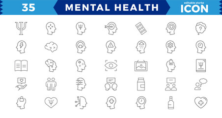 Mental Health Line Editable Icons set.Containing depression, bipolar, PTSD,  Vector illustration in modern thin line style of medical icons: components of a healthy lifestyle and mental balance