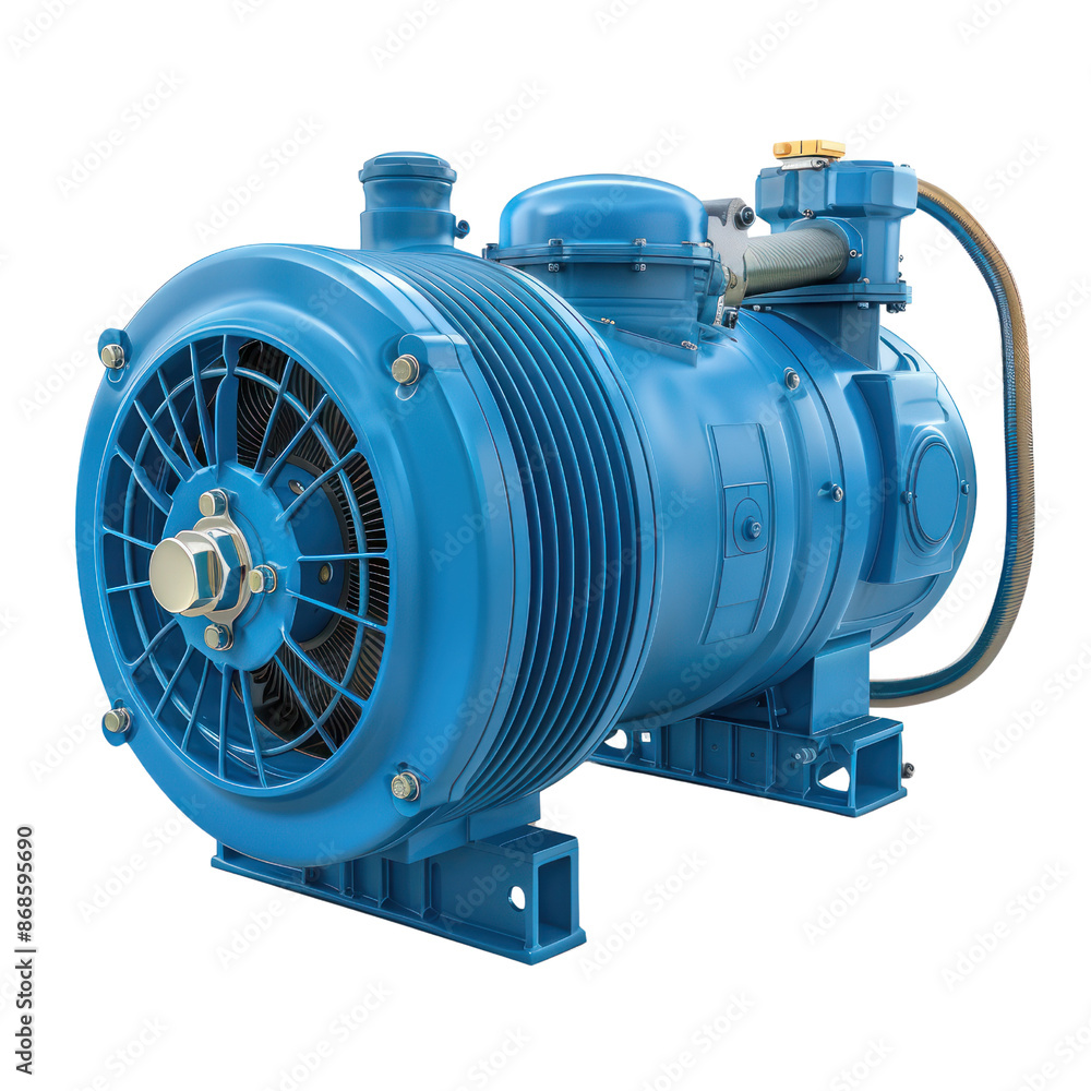 Poster high-quality 3d rendering of an industrial blue air compressor machine used for mechanical and engin