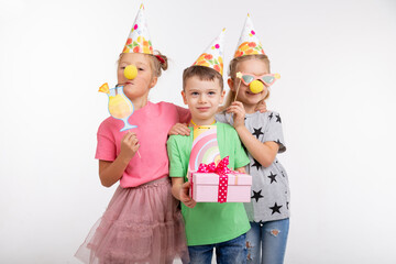 kids celebrating birthday party with paper emotions happy and smiley on white background