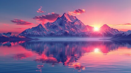 Fototapeta premium Illustration minimalist of serene mountain range at sunset with vibrant orange and pink hues in the sky, reflected in a calm lake below.
