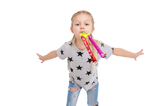happy little girl with gift box and birthday cone super happy and smiley on white background with copy space  - Powered by Adobe