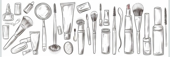 Makeup kit drawing: sketch mascara, nail polish, foundation doodle, mirror, lipstick, brush, cosmetic