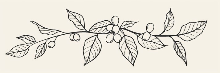 Line art coffee branch logo, coffee bean drawing, coffee plant doodle icon, painting, coffee twig