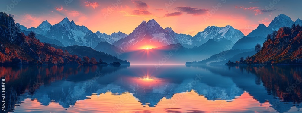 Wall mural Illustration minimalist of serene mountain range at sunset with vibrant orange and pink hues in the sky, reflected in a calm lake below. - Wall murals