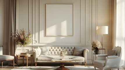 Art Deco extravagant and premium interior design living room, dining room with empty poster mockup on the wall