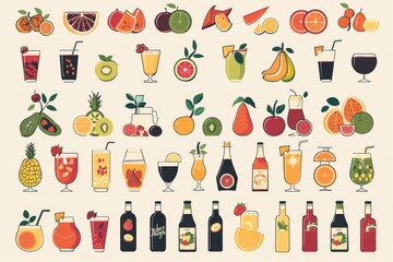 Fruit icons set, juice symbols, surreal design elements, fruit stickers, cherry, citrus logo designs