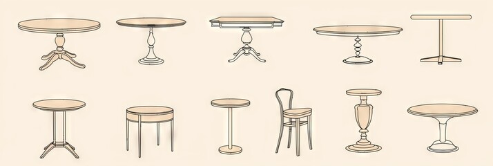 Tables sketched set, different line drawing desks, square and round tables, furniture doodles