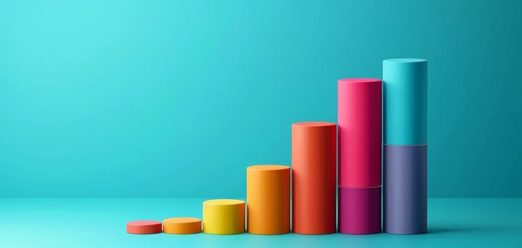 Colorful cylindrical bars arranged in ascending order on a turquoise background, representing growth and data visualization in a modern design.