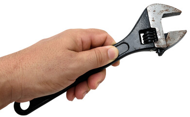 Close up de mão segurando uma chave Inglesa ajustável em um fundo transparente 