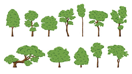 Vector image of various green trees with different shapes and sizes, featuring a hand-drawn style. Ideal for nature-themed designs, educational materials, and environmental projects.