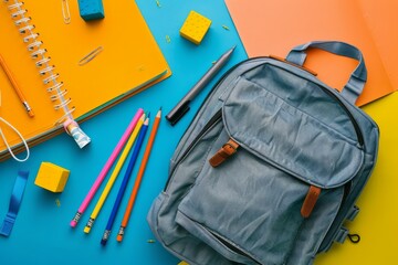 flat lay of school essentials with pencils and backpack vector