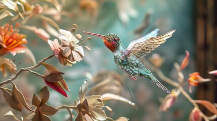 An intricate 3D papercut of a hummingbird hovering near a flower, its delicate wings a blur of motion. The multi-layered design captures the iridescence of its feathers and the delicate details of