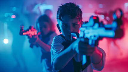 Kids playing Laser Tag. Poster with copy space.