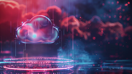 Digital informational technology web futuristic hologram with cloud icon, blue golden light digits and code background, cloud computing. Abstract Motion of digital data flow