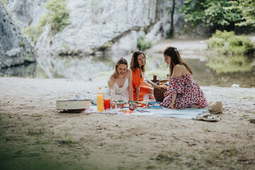Three friends having a delightful picnic by a scenic lake, surrounded by nature, enjoying food and...
