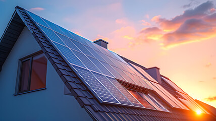 solar panels on the roof of the house and blue sky. Close up of a new building with solar panels on the roof. Mock up. Sustainable and clean energy at home. Sunset. High quality photo. 