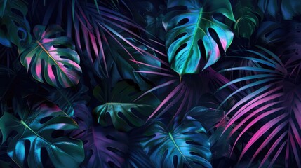 Dark green tropical leaves colorful neon light, leaves background, monstera, palm leaves