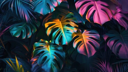 Dark green tropical leaves colorful neon light, leaves background, monstera, palm leaves