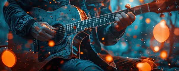 Close-up of musician strumming an acoustic guitar with artistic bokeh lights in the background, outdoor setting.