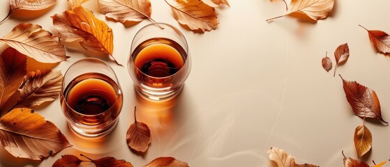 Two glasses of whiskey on a table surrounded by autumn leaves, creating a cozy fall ambiance. Perfect for seasonal themes and beverage concepts.
