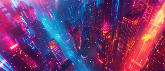 Fototapeta premium A cityscape with neon lights and buildings in the background