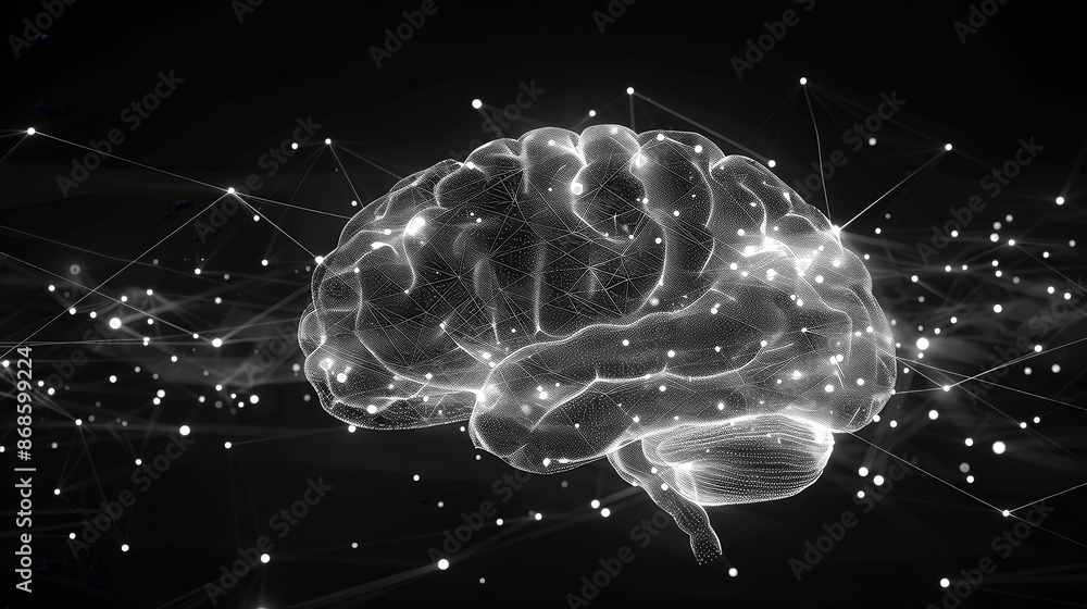 Aufkleber monochrome illustration of a brain with glowing neural network connections, representing artificial 