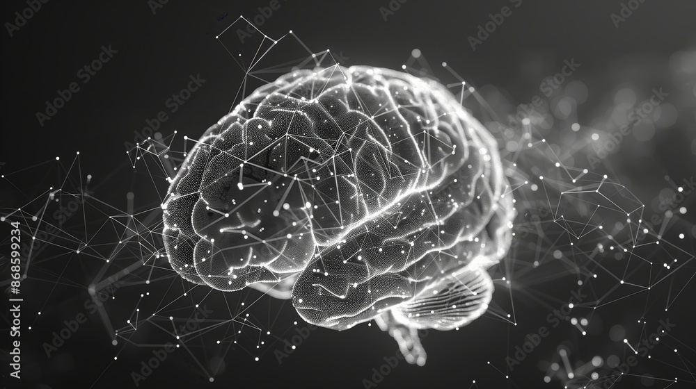 Poster hyper realistic brain made of interconnected wireframes, representing structural creativity