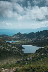 Two of the 7 Rila Lakes in the Rila Mountains. High angle view with beautiful scenery and cloudscape.