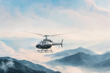 Fototapeta na wymiar A helicopter flies above majestic mountains with a beautiful backdrop of clouds and blue sky. Scenic aerial view showcasing adventure and travel.