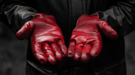Pair of red-gloved hands extended forward, creating a striking visual against a dark background, highlighting the gloves' texture and color.