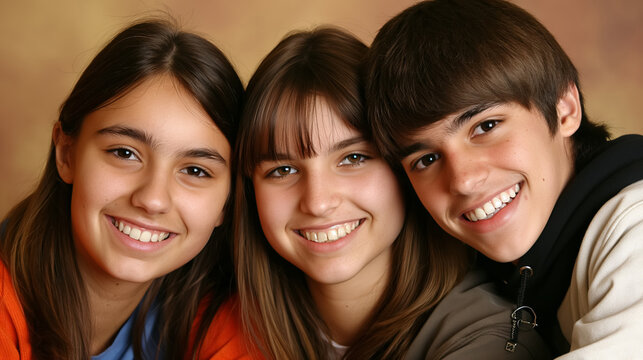 Three smiling teenagers, two girls and one boy, posing closely together with a warm background, radiating joy and friendship.