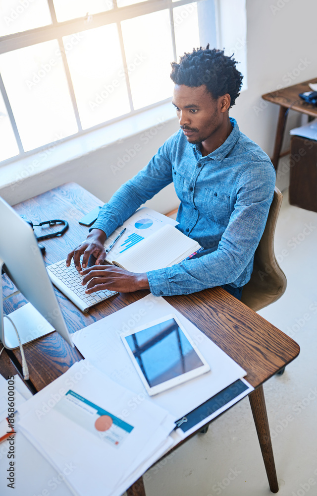 Poster computer, typing and black man in office, charts and research of competition, online and serious. di