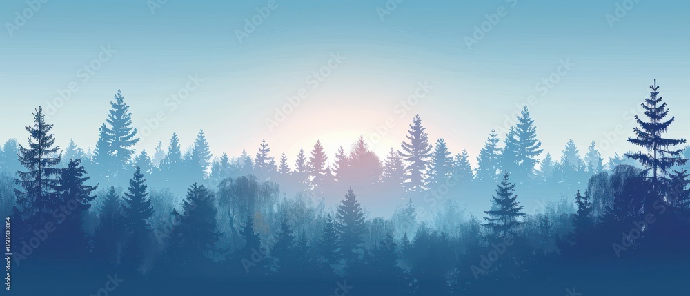 Wall mural A forest with trees and a sun in the sky