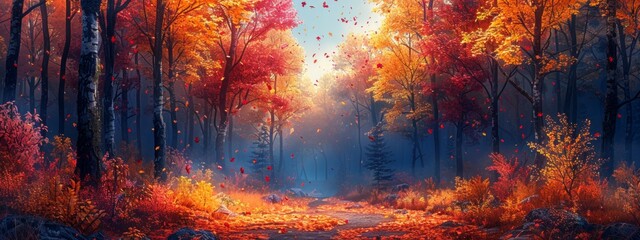 Illustration dense forest in autumn, with trees showcasing a spectrum of fall colors from deep red to bright yellow, and a winding path covered in fallen leaves.