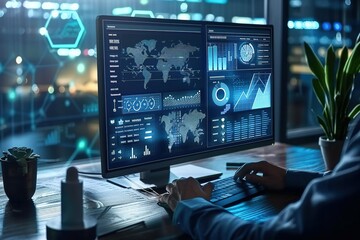 Businessman working with contemporary computer virtual dashboard analyzing finance sales data and economic growth graph chart and block chain hi tech, mechanical technology
