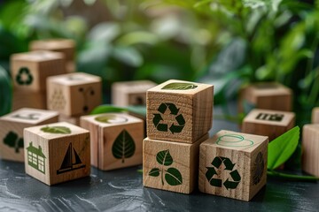 Carbon Footprint, zero emission concept. Carbon ecological footprint symbols on wooden cubes with eco friendly icons. Sustainable development strategy. Environmental, climate change concept