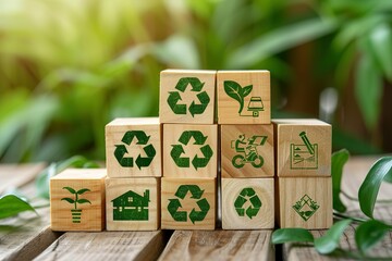 Carbon Footprint, zero emission concept. Carbon ecological footprint symbols on wooden cubes with eco friendly icons. Sustainable development strategy. Environmental, climate change concept