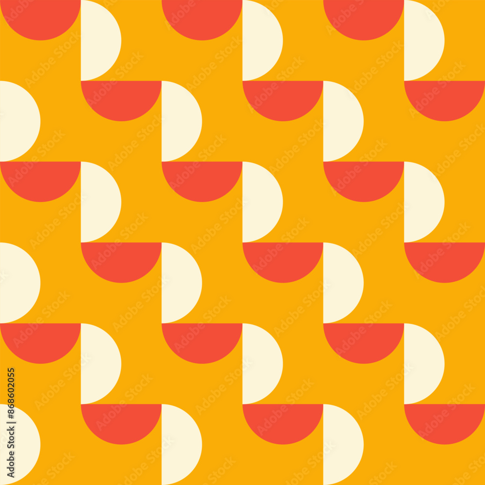 Poster Trendy retro geometric seamless pattern with colorful semicircles. Modern minimal abstract background. Red, beige and yellow colors. Vector illustration