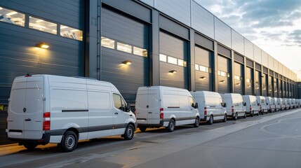 Fleet of delivery vans, logistics center, ready for dispatch, last-mile delivery.