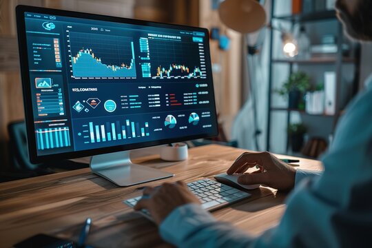 Financial report data of business operations (balance sheet and income statement and diagram) as Fintech concept.Businessman working with virtual dashboard computer screeen