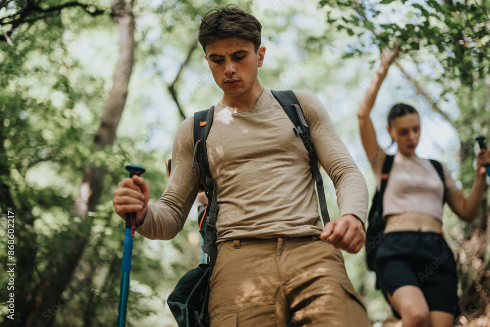 Wall mural two young hikers trekking through a dense forest trail on a bright sunny day, equipped with hiking g