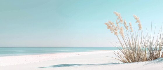 A beach scene with a small plant on the sand