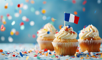Bastille Day background with muffins decorated with French flag. Tricolor decorations and holiday cupcakes. Copy space. Greeting card.