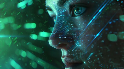 A woman sporting a high-tech, futuristic facial design with glowing elements.  