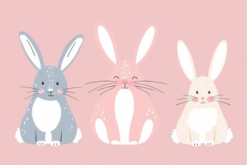 Obraz premium Isolated in pastel pink background, flat illustration style, with rabbits