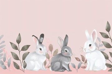 Fototapeta premium Isolated in pastel pink background, flat illustration style, with rabbits
