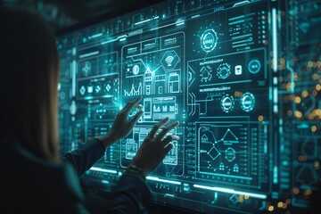 Fototapeta premium People immersed in holographic screens seek AI assistance to navigate through the confusion of real estate and mortgage options.